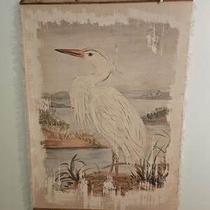 Coastal Egret Tapestry Wall Hanging in Cream and Tan, Muted Blues And Greens.